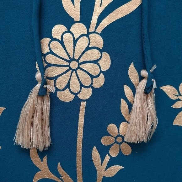 Janasya NWT Indian Turquoise Blue Gold Floral Poly Crepe Kurta Tunic Boho Exotic - Picture 6 of 10